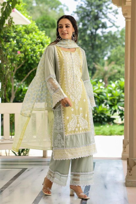 Tanyaa P 365 Cotton Work Fancy Kurti Plazzo With Dupatta Suppliers In India